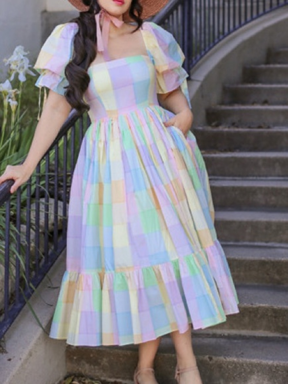 Selkie brunch market Pastel Plaid Puff-Sleeve Midi Dressi